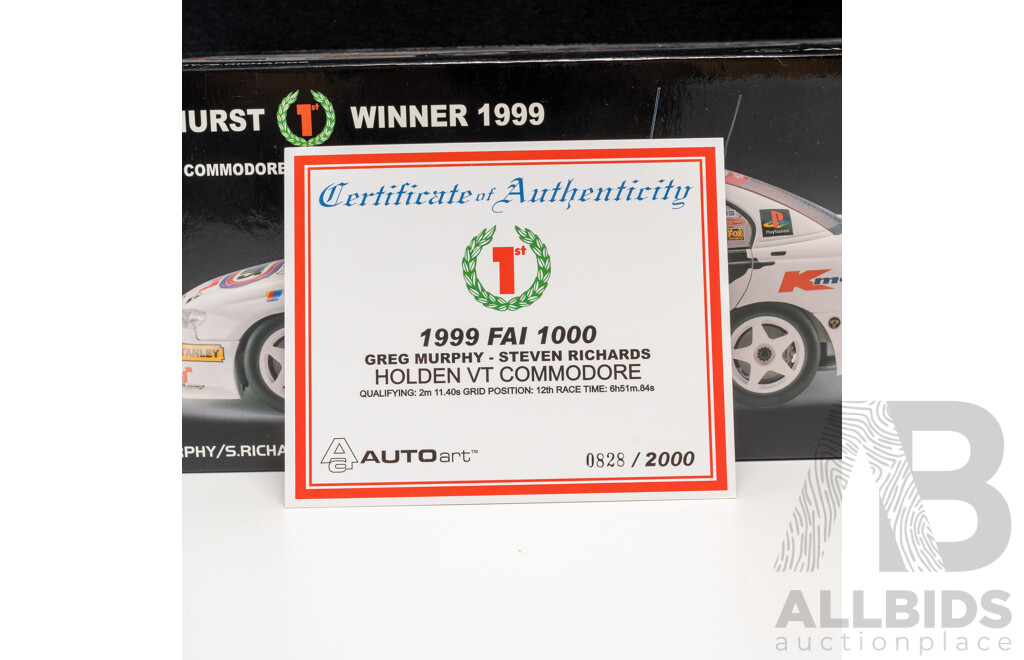Auto Art Holden VT Commodore V8 Supercar 1999 FAI 1000 #7 Greg Murphy/ Steven Richards Wynn's 1:18 Scale Model Car - COA Included