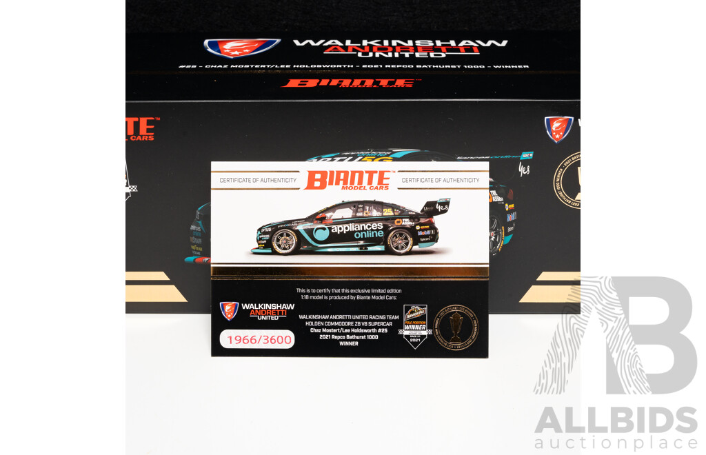 Biante Holden ZB Commodore WAUR Chaz Mostert/Lee Holdsworth #25 2021 Bathurst Winner 1:18 Scale Model Car - COA Included