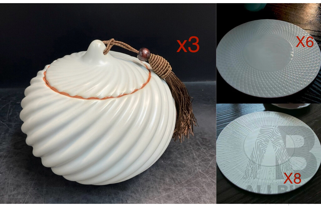 Y! Handmade Ceramic Tea Caddy Canister (white) X3 & LUZERNE Multi-Purpose Serving Plates for Display, Sushi or Food Serving X14 -  Lot of 17