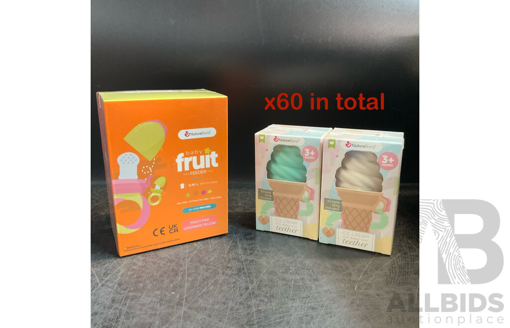 NatureBond Baby Food Feeder/Fruit Feeder Pacifier & Silicone Baby Teether - Various Colours - Lot of 60  - Estimated Total RRP $1,167