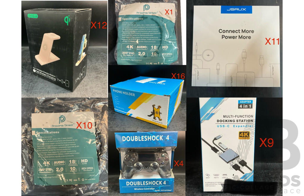 Bulk Lot - 3 In1 Wireless Charing Stations, Doubleshock 4 PS4 Controllers & Bicycle Phone Holders &  Assorted 4K/8K Connection Cables/Decking Station