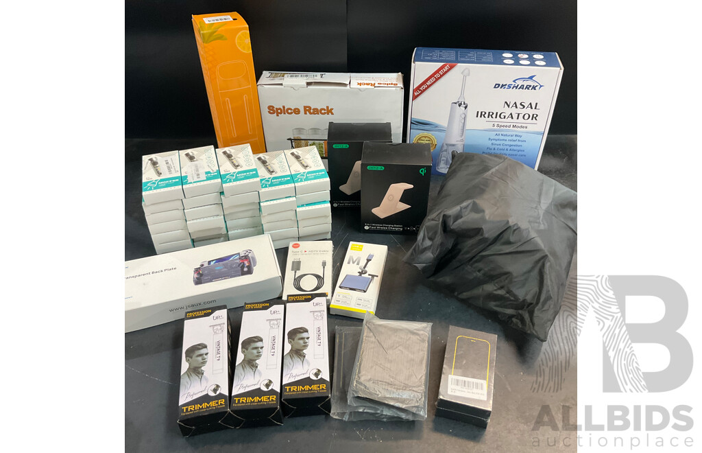 Assorted Household Items Incuding Mini 4G Phone ,Nasal Irrigator, Spice Rack, Detachable Card Men's Wallet ,Lot of Flashlights and More