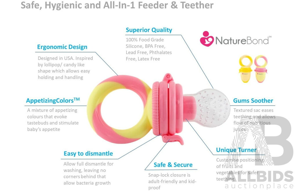 NatureBond Baby Food Feeder/Fruit Feeder Pacifier & Silicone Baby Teether  (Green, Vanilla, Chocolate)  - Lot of 60  - Estimated Total RRP $1,167