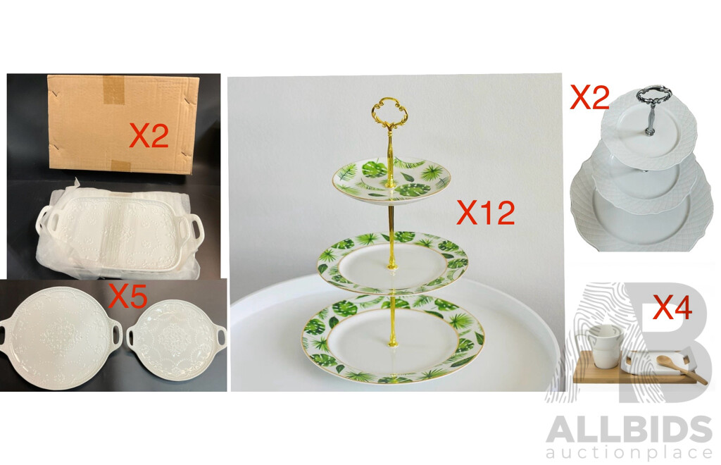 Bulk Lot - Assorted Tableware Included Tropical Leaf 3 Tier Porcelain Cake Stand Serving Plate & 4 Pieces Coffee /Tea Serving Set & White Porcelain Round Plates Double Handled & More