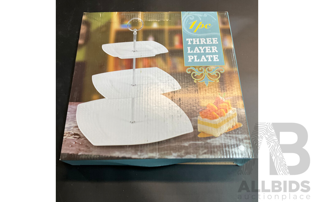 Bulk Lot - Assorted Tableware Included Tropical Leaf 3 Tier Porcelain Cake Stand Serving Plate & 4 Pieces Coffee /Tea Serving Set & White Porcelain Round Plates Double Handled & More