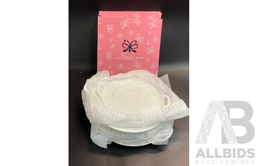 Bulk Lot - Assorted Tableware Included Tropical Leaf 3 Tier Porcelain Cake Stand Serving Plate & 4 Pieces Coffee /Tea Serving Set & White Porcelain Round Plates Double Handled & More