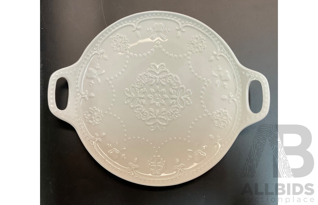 White Porcelain Round Plates Double Handled Set - Lot of 19