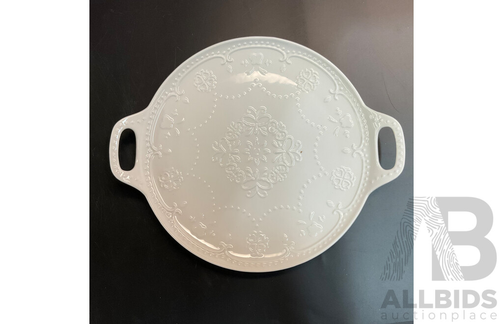 White Porcelain Round Plates Double Handled Set - Lot of 19