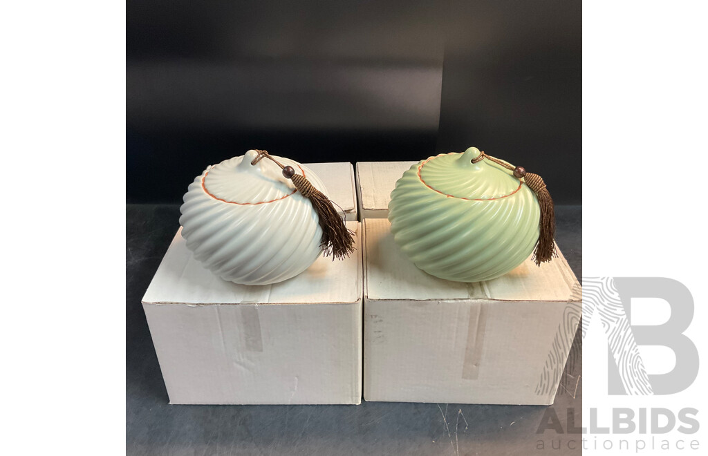 Y! Handmade Ceramic Tea Caddy Canister/ Ginger Jar - Green & White - Lot of 4 
