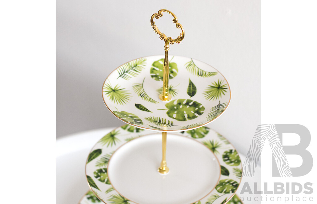 Tropical Leaf 3 Tier Porcelain Cake Stand Serving Plate X2 & 4 Pieces Coffee /Tea Serving Set X4 - Lot of 6