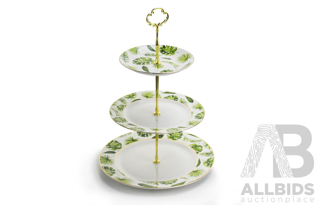Tropical Leaf 3 Tier Porcelain Cake Stand Serving Plate X2 & 4 Pieces Coffee /Tea Serving Set X4 - Lot of 6