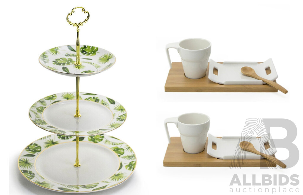 Tropical Leaf 3 Tier Porcelain Cake Stand Serving Plate X2 & 4 Pieces Coffee /Tea Serving Set X4 - Lot of 6