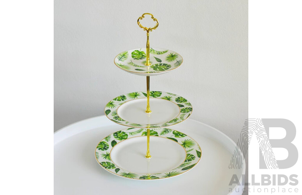 Tropical Leaf 3 Tier Porcelain Cake Stand Serving Plate X2 & 4 Pieces Coffee /Tea Serving Set X4 - Lot of 6