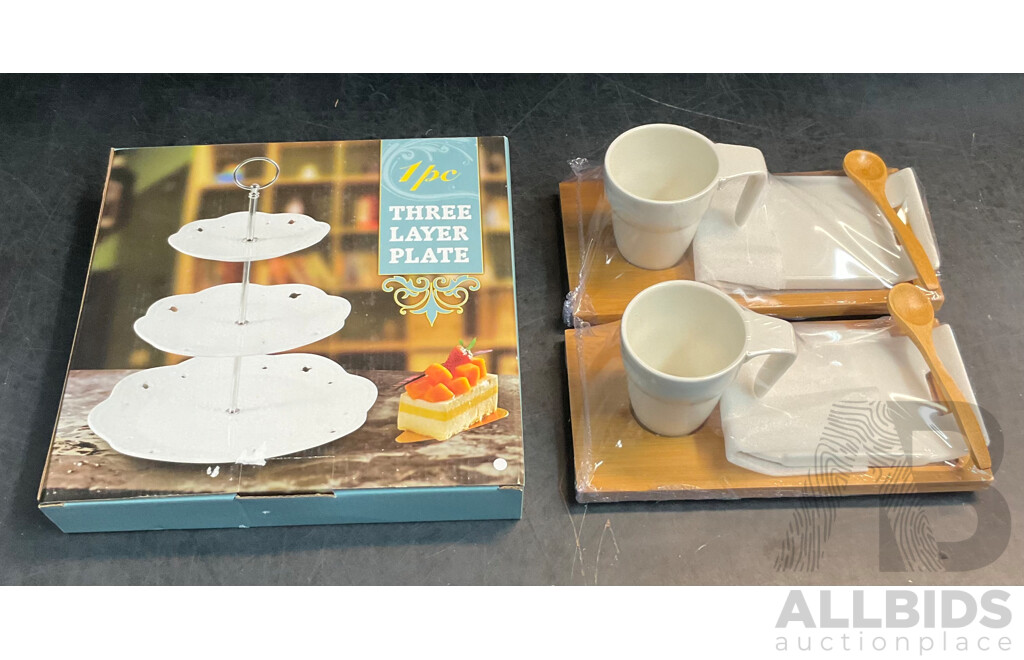 Tropical Leaf 3 Tier Porcelain Cake Stand Serving Plate X2 & 4 Pieces Coffee /Tea Serving Set X4 - Lot of 6