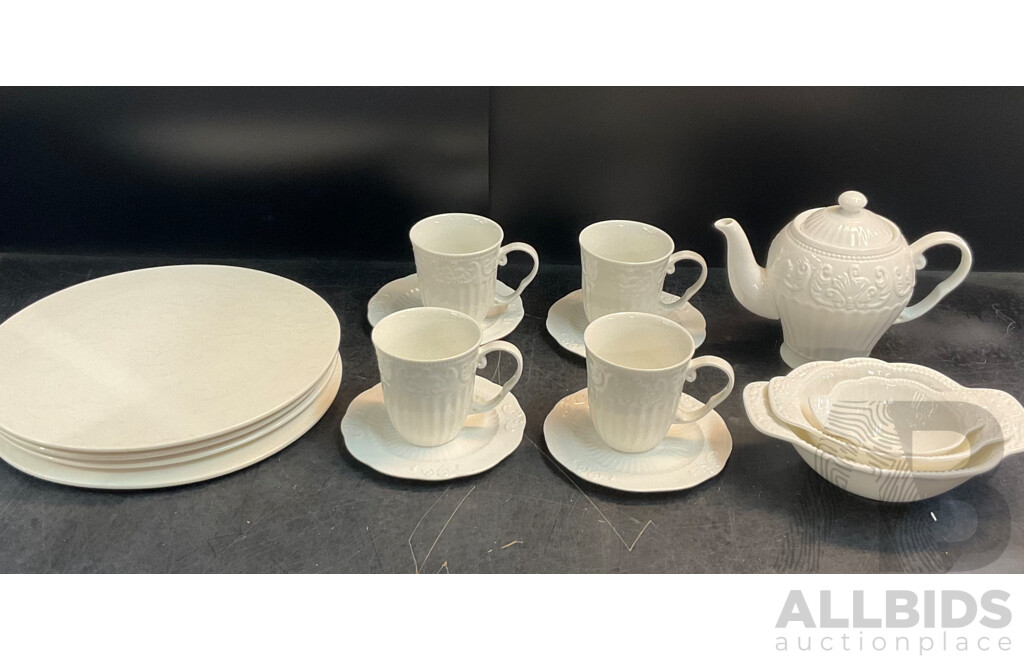 White Ornate Embossed Ceramic Teapot/Cup/Dessert Set & LUZERNE Multi-Purpose Serving Plates