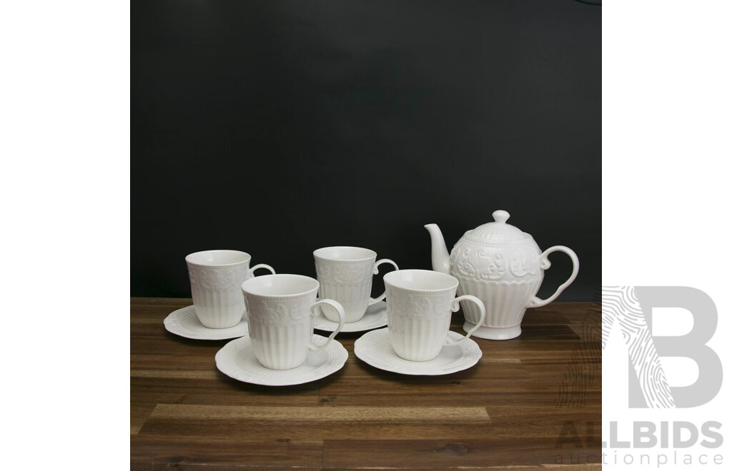 White Ornate Embossed Ceramic Teapot/Cup/Dessert Set & LUZERNE Multi-Purpose Serving Plates