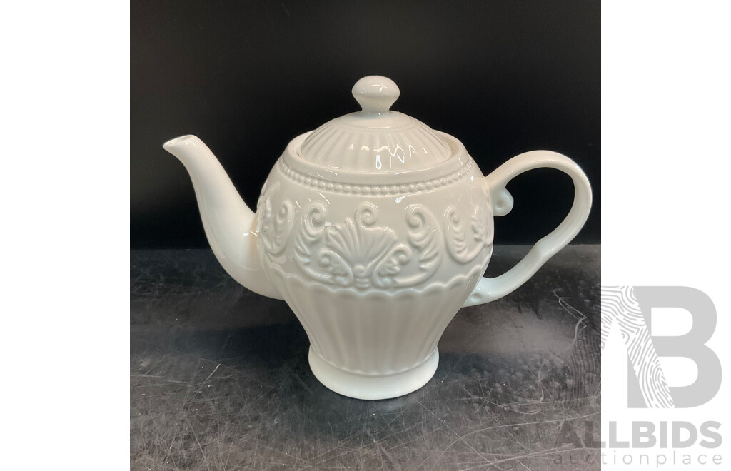 White Ornate Embossed Ceramic Teapot/Cup/Dessert Set & LUZERNE Multi-Purpose Serving Plates