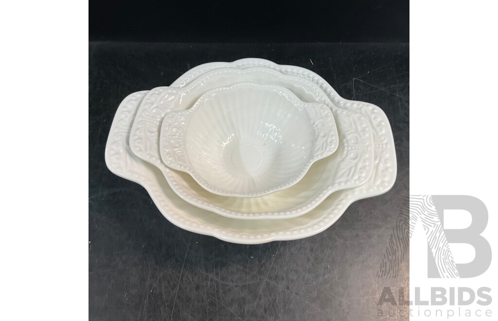 White Ornate Embossed Ceramic Teapot/Cup/Dessert Set & LUZERNE Multi-Purpose Serving Plates