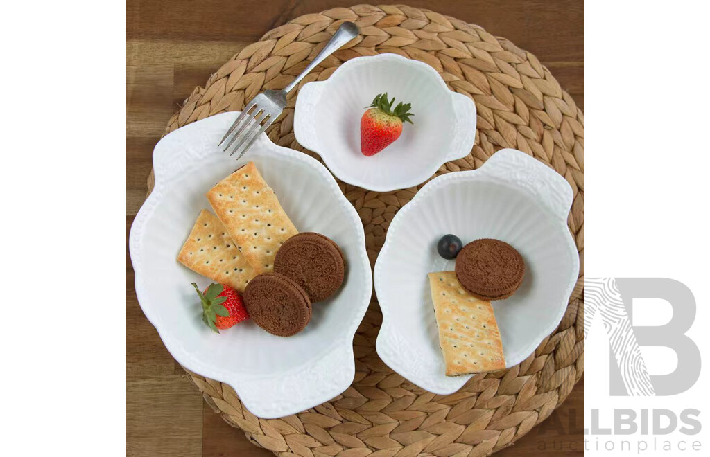 White Ornate Embossed Ceramic Teapot/Cup/Dessert Set & LUZERNE Multi-Purpose Serving Plates