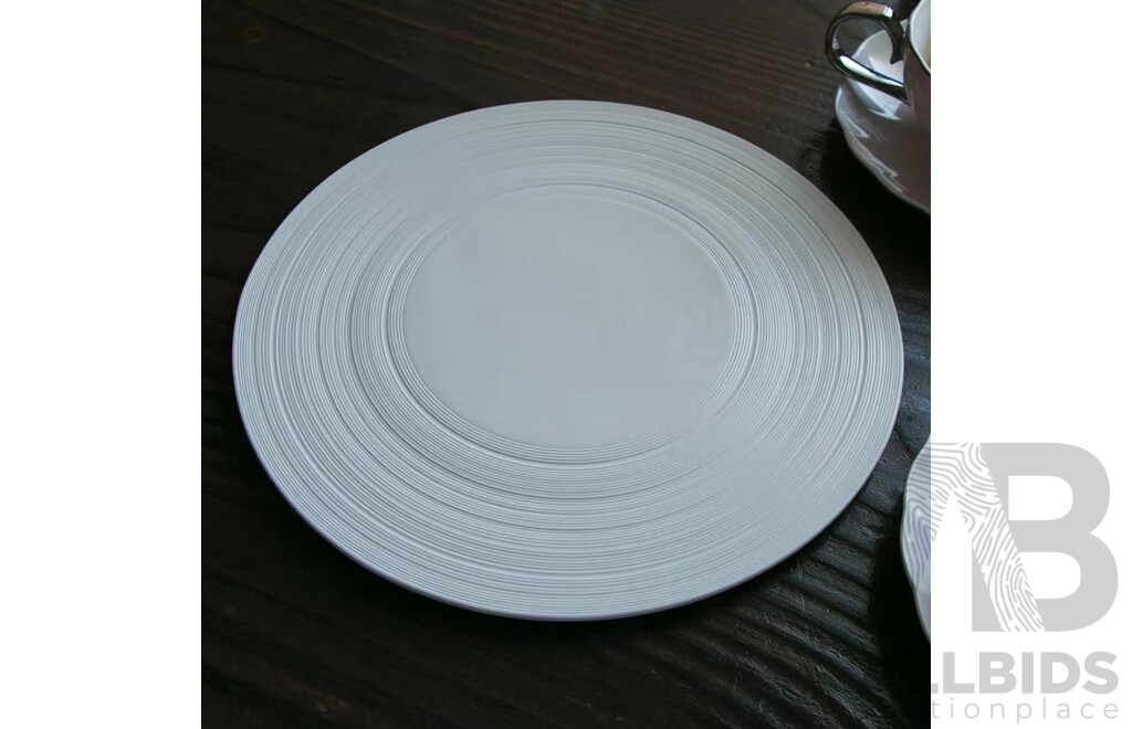 White Ornate Embossed Ceramic Teapot/Cup/Dessert Set & LUZERNE Multi-Purpose Serving Plates