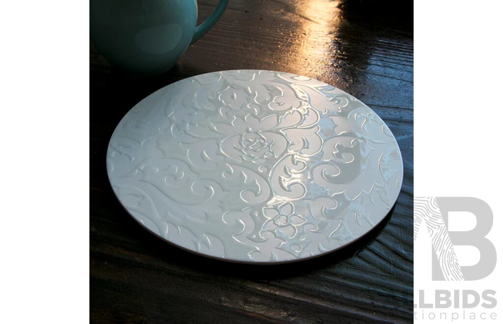 White Ornate Embossed Ceramic Teapot/Cup/Dessert Set & LUZERNE Multi-Purpose Serving Plates