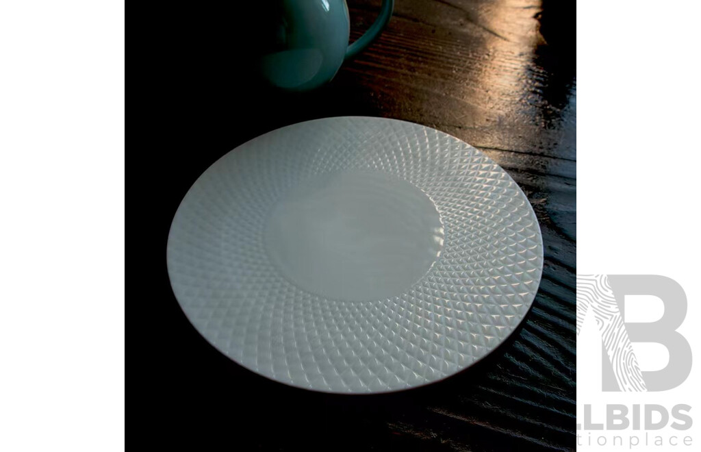 White Ornate Embossed Ceramic Teapot/Cup/Dessert Set & LUZERNE Multi-Purpose Serving Plates