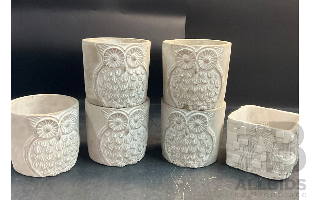 Owl and Well Cement Garden Pots - Lot of 6