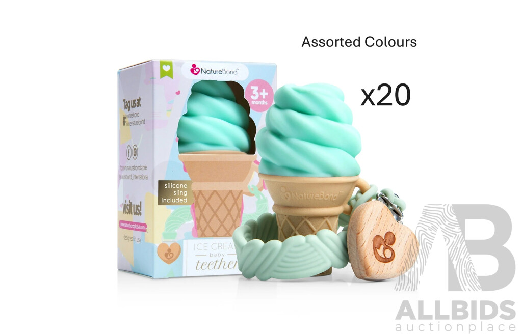 NatureBond Silicone Baby Teether Toy - Ice-Cream Teething Toy with Free Silicone Sling Pacifier Holder Clip (assorted Colours) - Lot of 20 - $338