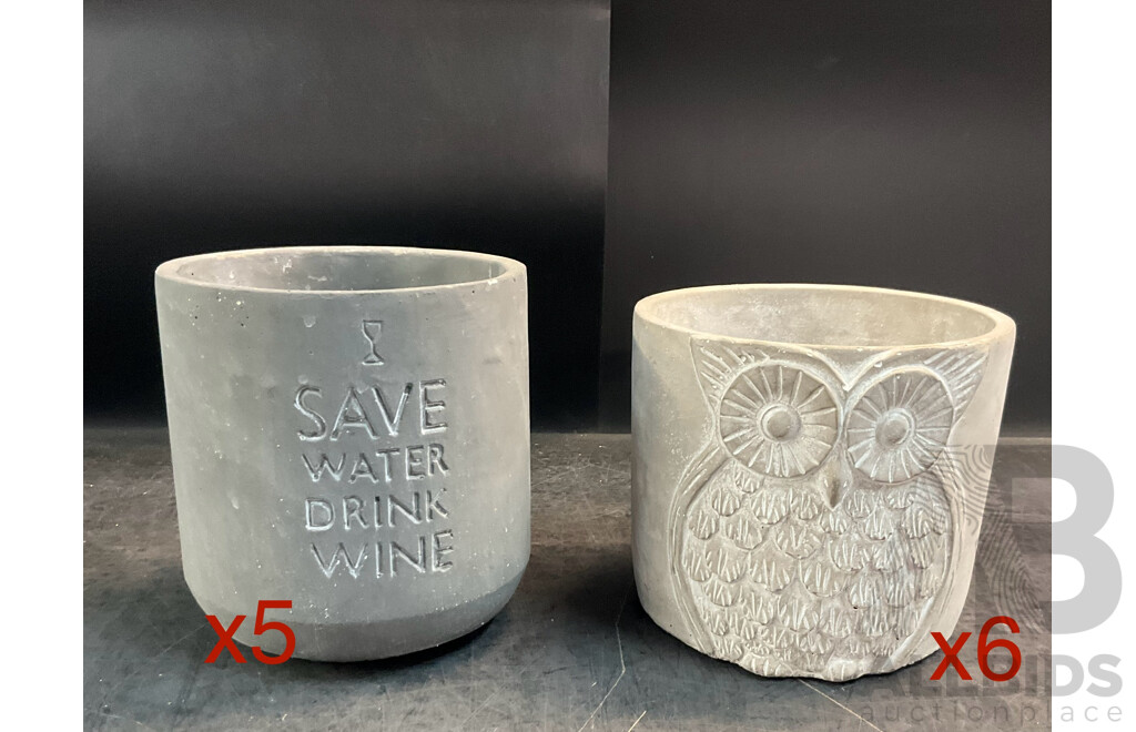 SAVE WATER DRINK WINE Cement Garden Pots X5 & Owl Cement Garden Pots X6 - Lot of 11