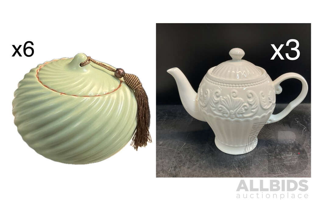 White Ornate Embossed Ceramic Teapot X3 & Y! Handmade Ceramic Tea Caddy Canister (Green) X6 - Lot of 9