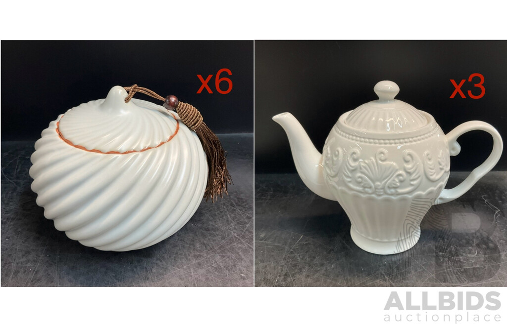 White Ornate Embossed Ceramic Teapot X3 & Y! Handmade Ceramic Tea Caddy Canister (white) X6 - Lot of 9