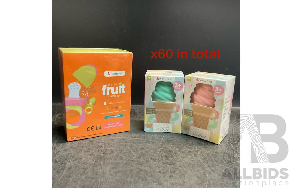 NatureBond Baby Food Feeder/Fruit Feeder Pacifier & Silicone Baby Teether - Assorted Colours - Lot of 60  - Estimated Total RRP $1,167