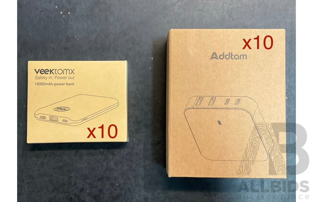 Addtam 100W Desktop GaN Charger X10 & Veektomx 10000mAh Power Bank ( Assorted Colour) X10 - Lot of 20