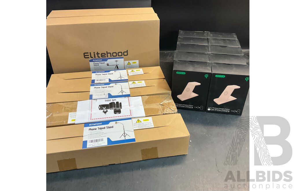 3 In1 Wireless Charging Station &  Elitehood Phone Tripod Stand 71'' & 81'' - Lot of 16