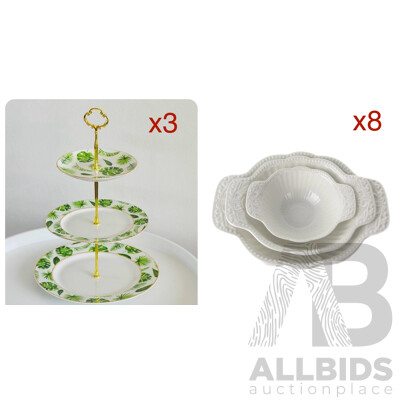 Tropical Leaf 3 Tier Porcelain Cake Stand Serving Plate X3 & White Ornate Embossed Ceramic Dessert Set X8