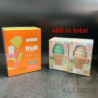 NatureBond Baby Food Feeder/Fruit Feeder Pacifier & Silicone Baby Teether - Vaious Colours - Lot of 60  - Estimated Total RRP $1,167