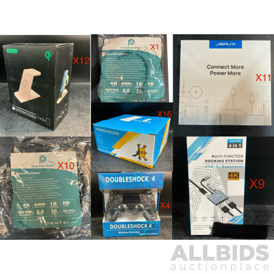 Bulk Lot - 3 In1 Wireless Charing Stations, Doubleshock 4 PS4 Controllers & Bicycle Phone Holders &  Assorted 4K/8K Connection Cables/Decking Station
