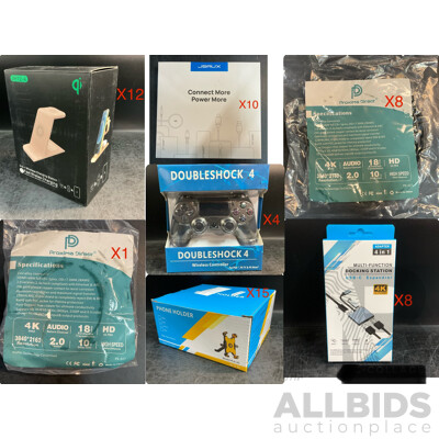 Bulk Lot - 3 In1 Wireless Charing Stations, Doubleshock 4 PS4 Controllers & Bicycle Phone Holders &  Assorted 4K/8K Connection Cables/Decking Station