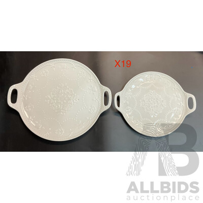 White Porcelain Round Plates Double Handled Set - Lot of 19