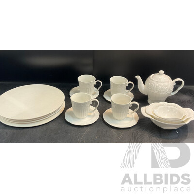 White Ornate Embossed Ceramic Teapot/Cup/Dessert Set & LUZERNE Multi-Purpose Serving Plates