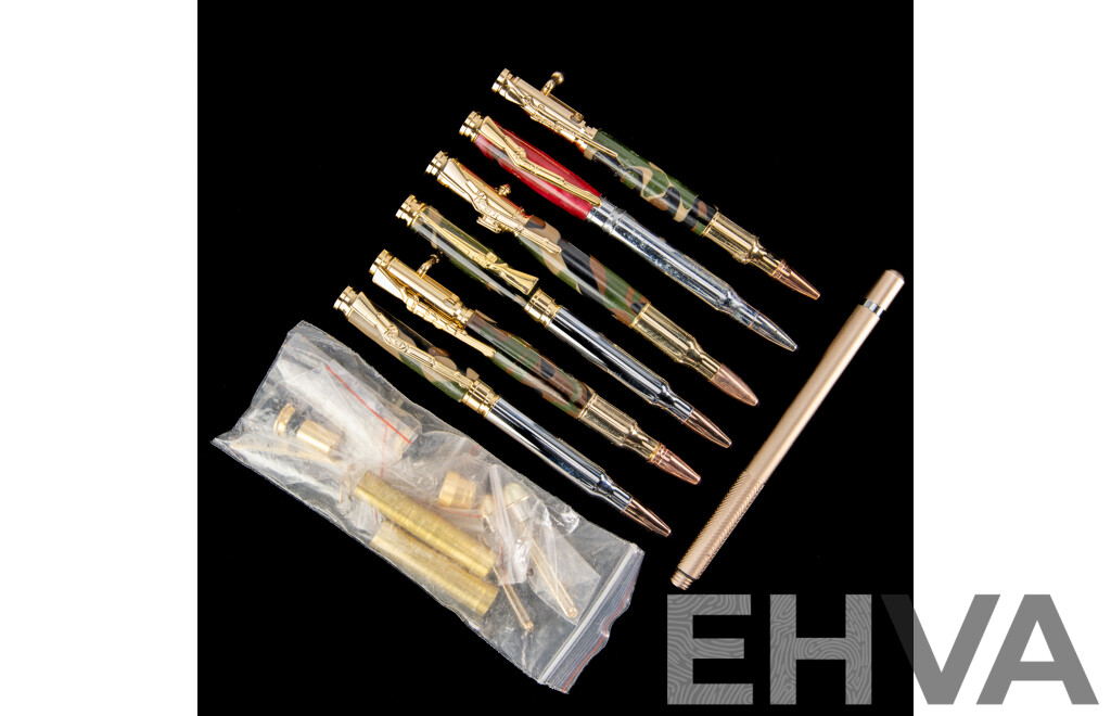 Collection Six Ball Point Pens with Bullet and Gun Theme