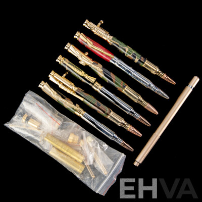 Collection Six Ball Point Pens with Bullet and Gun Theme
