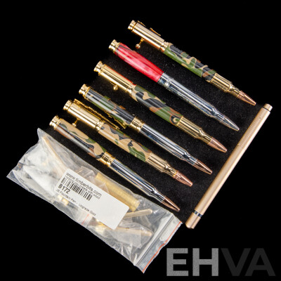 Collection Six Ball Point Pens with Bullet and Gun Theme
