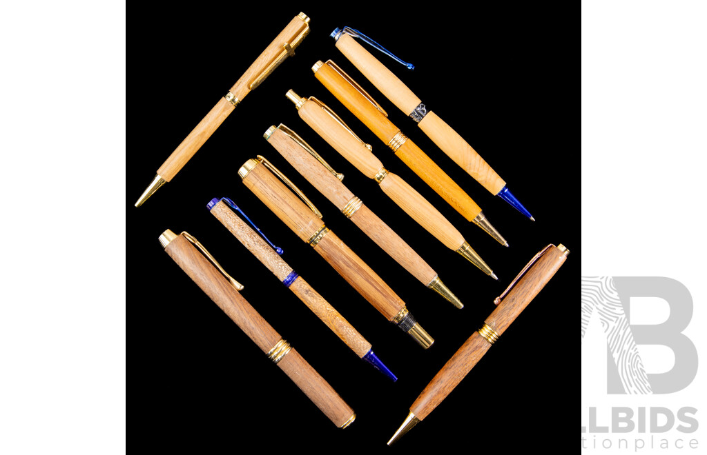 Collection Nine Ball Point Pens with Turned Australian Native Timber Bodys by Local Artisan Bec