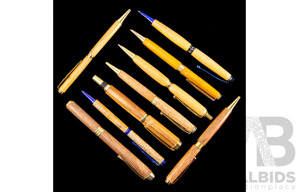 Collection Nine Ball Point Pens with Turned Australian Native Timber Bodys by Local Artisan Bec