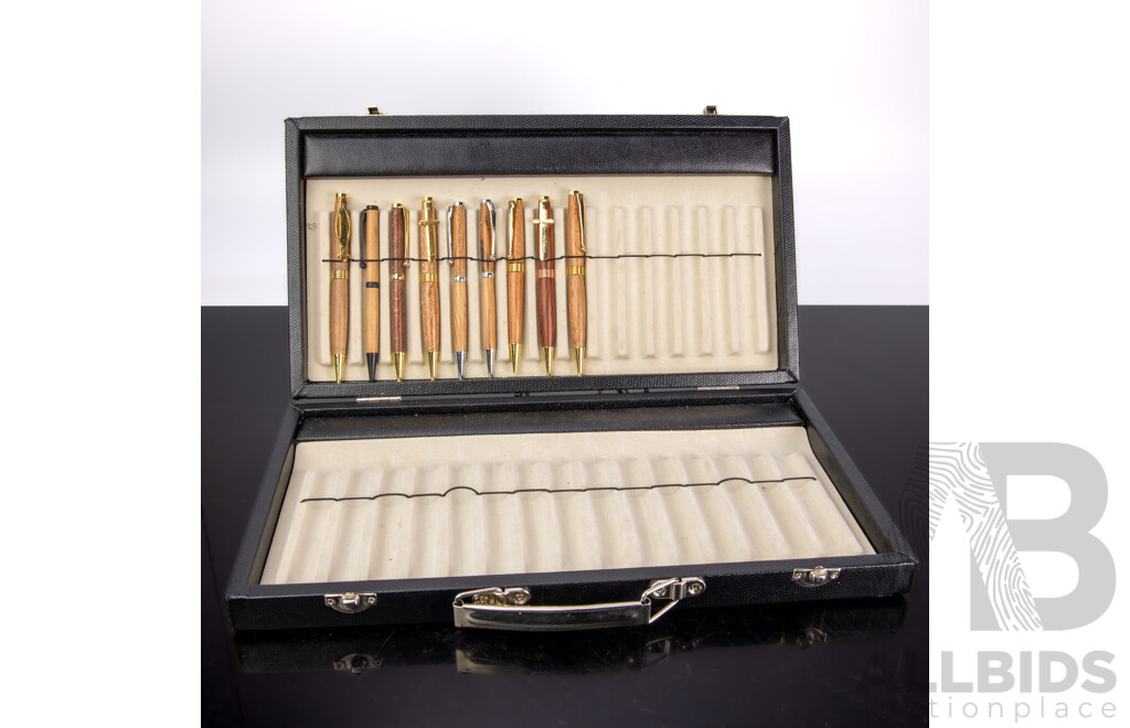 Collection Nine Ball Point Pens with Turned Australian Native Timber Bodys by Local Artisan Bec in Presentation Case