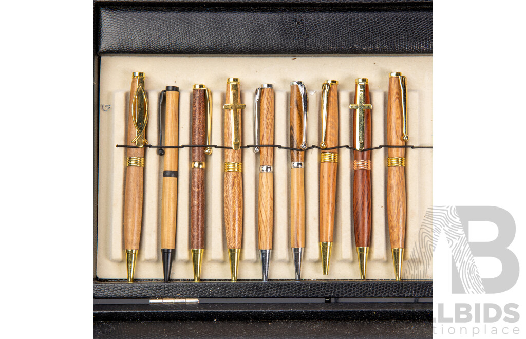 Collection Nine Ball Point Pens with Turned Australian Native Timber Bodys by Local Artisan Bec in Presentation Case