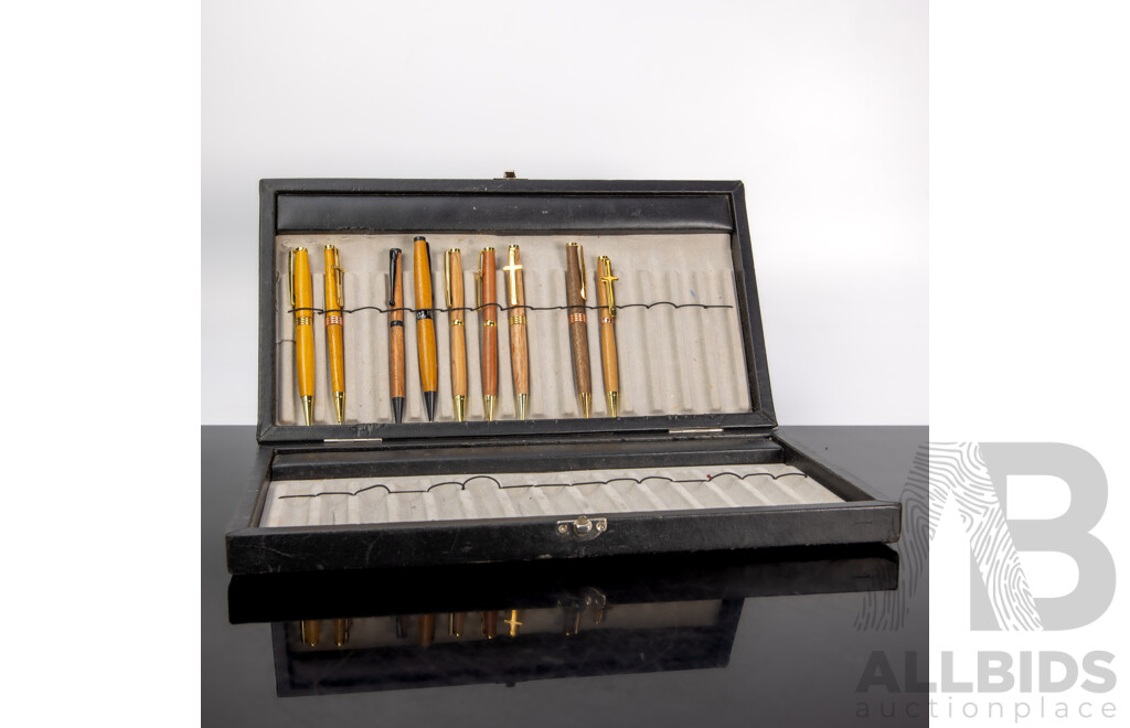 Collection Nine Ball Point Pens with Turned Australian Native Timber Bodies by Local Artisan Bec in Presentation Case