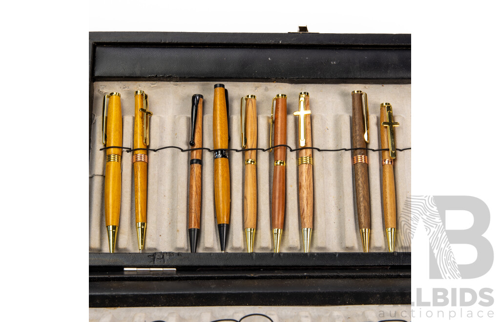 Collection Nine Ball Point Pens with Turned Australian Native Timber Bodies by Local Artisan Bec in Presentation Case