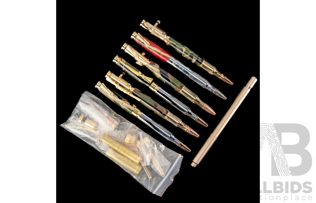 Collection Six Ball Point Pens with Bullet and Gun Theme